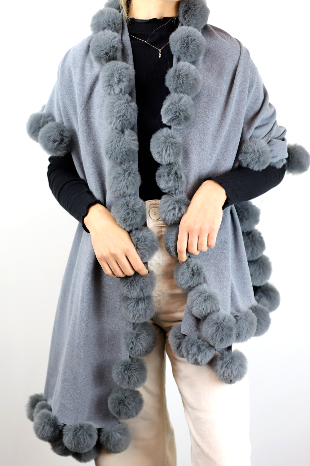 La Fiorentina Wrap /w Faux Pom-Pom Detail - Grey - Faux Fur Wrap - La Fiorentina FAUX2110-grey