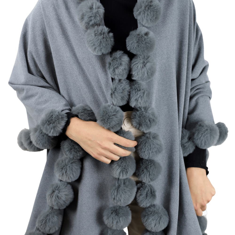 La Fiorentina Wrap /w Faux Pom-Pom Detail - Grey - Faux Fur Wrap - La Fiorentina FAUX2110-grey