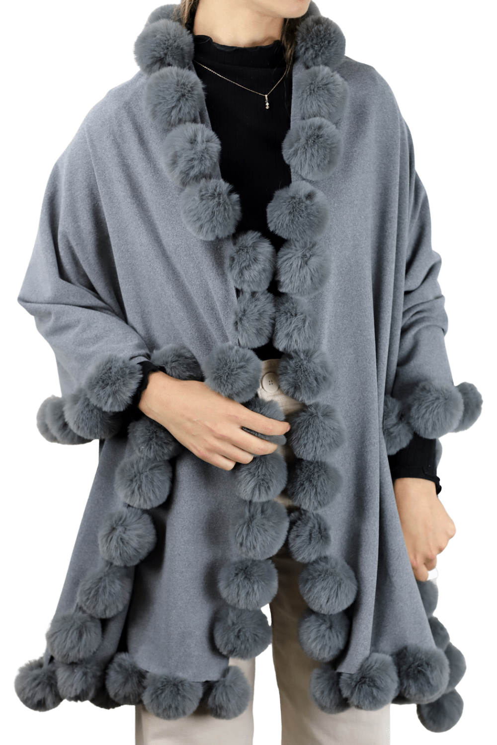La Fiorentina Wrap /w Faux Pom-Pom Detail - Grey - Faux Fur Wrap - La Fiorentina FAUX2110-grey