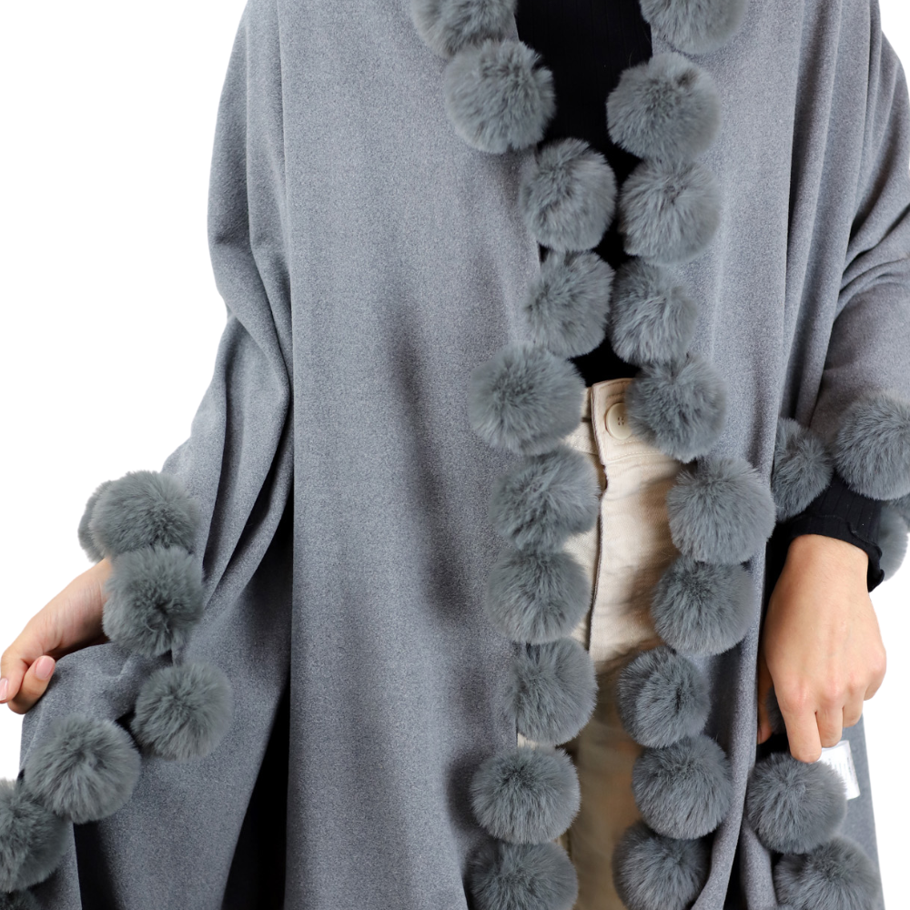 La Fiorentina Wrap /w Faux Pom-Pom Detail - Grey - Faux Fur Wrap - La Fiorentina FAUX2110-grey