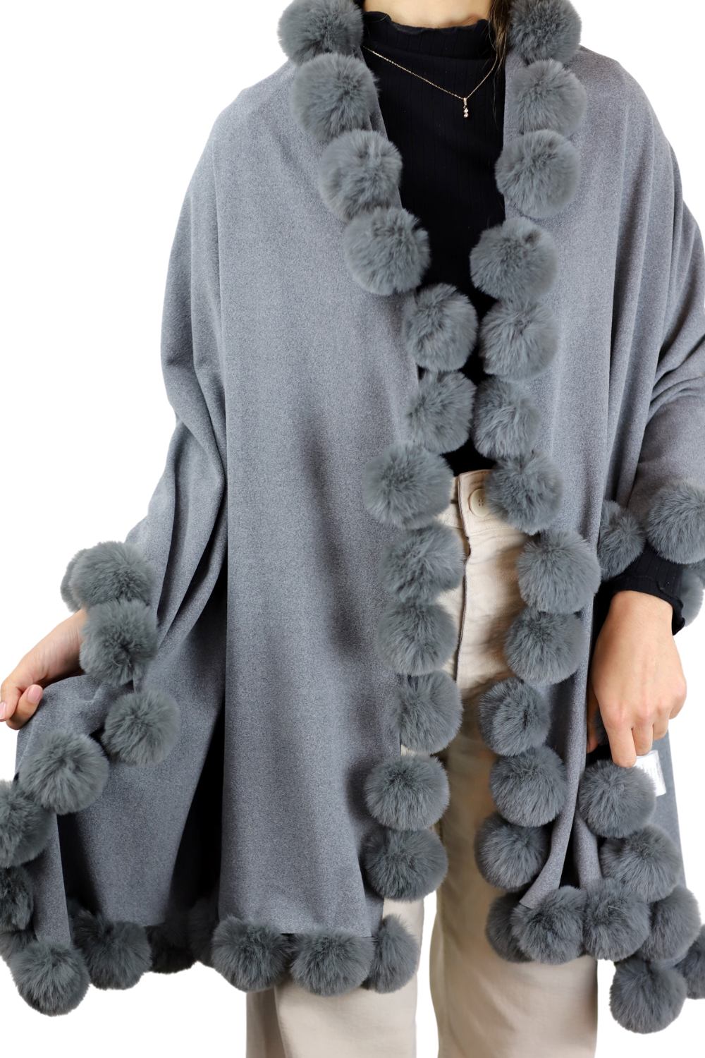 La Fiorentina Wrap /w Faux Pom-Pom Detail - Grey - Faux Fur Wrap - La Fiorentina FAUX2110-grey