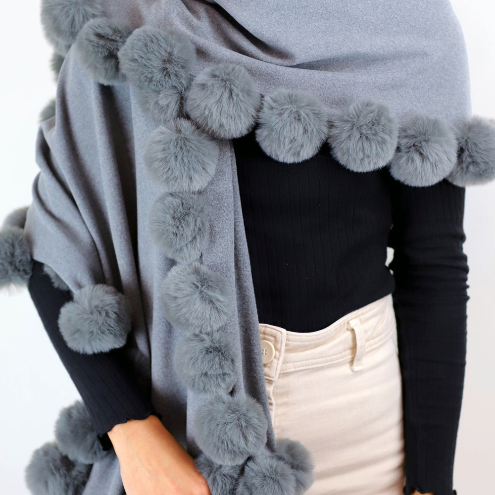 La Fiorentina Wrap /w Faux Pom-Pom Detail - Grey - Faux Fur Wrap - La Fiorentina FAUX2110-grey