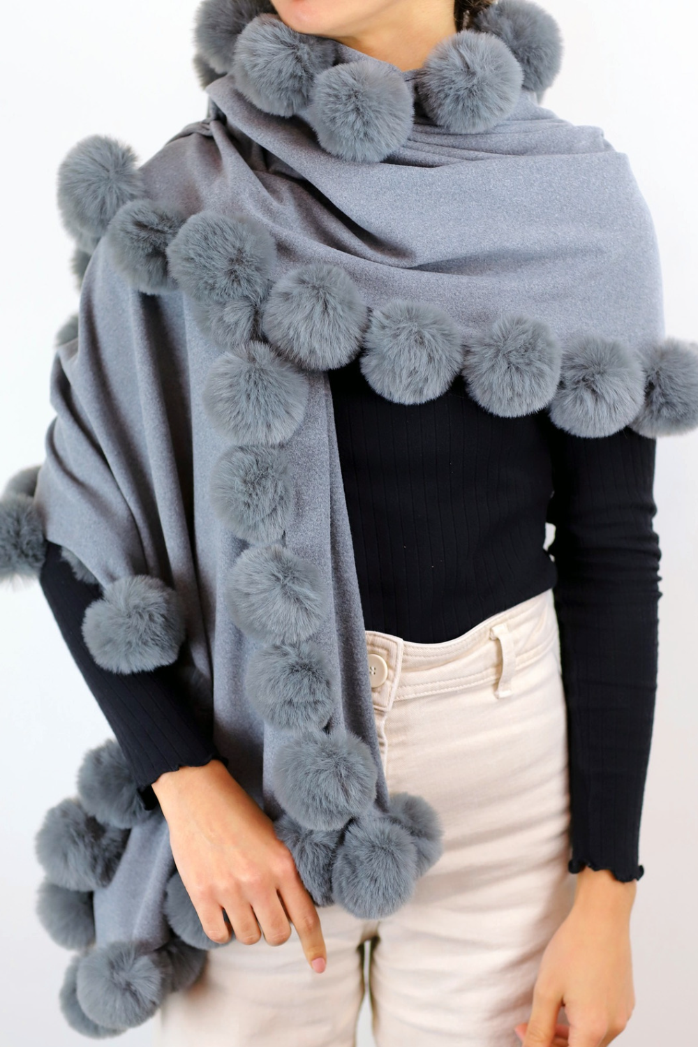 La Fiorentina Wrap /w Faux Pom-Pom Detail - Grey - Faux Fur Wrap - La Fiorentina FAUX2110-grey