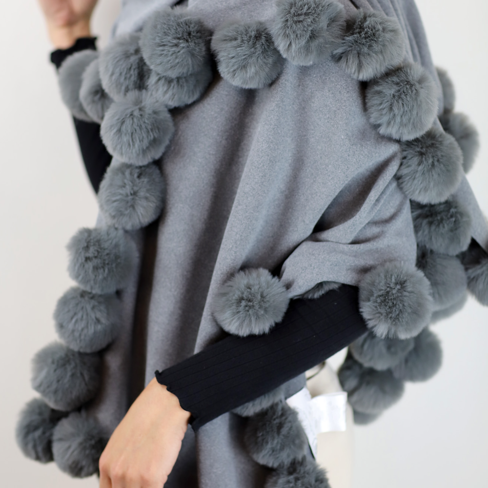 La Fiorentina Wrap /w Faux Pom-Pom Detail - Grey - Faux Fur Wrap - La Fiorentina FAUX2110-grey