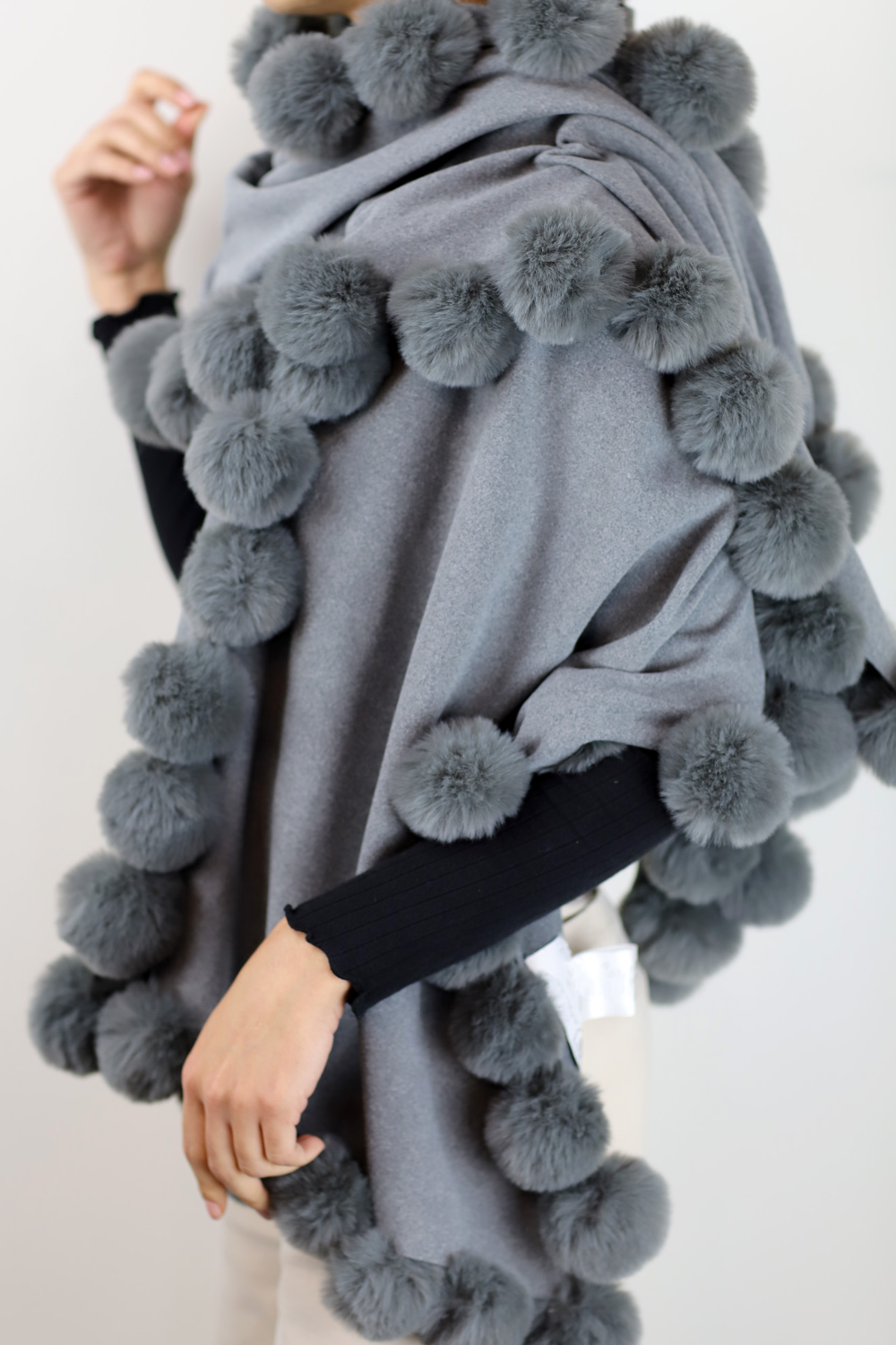 La Fiorentina Wrap /w Faux Pom-Pom Detail - Grey - Faux Fur Wrap - La Fiorentina FAUX2110-grey