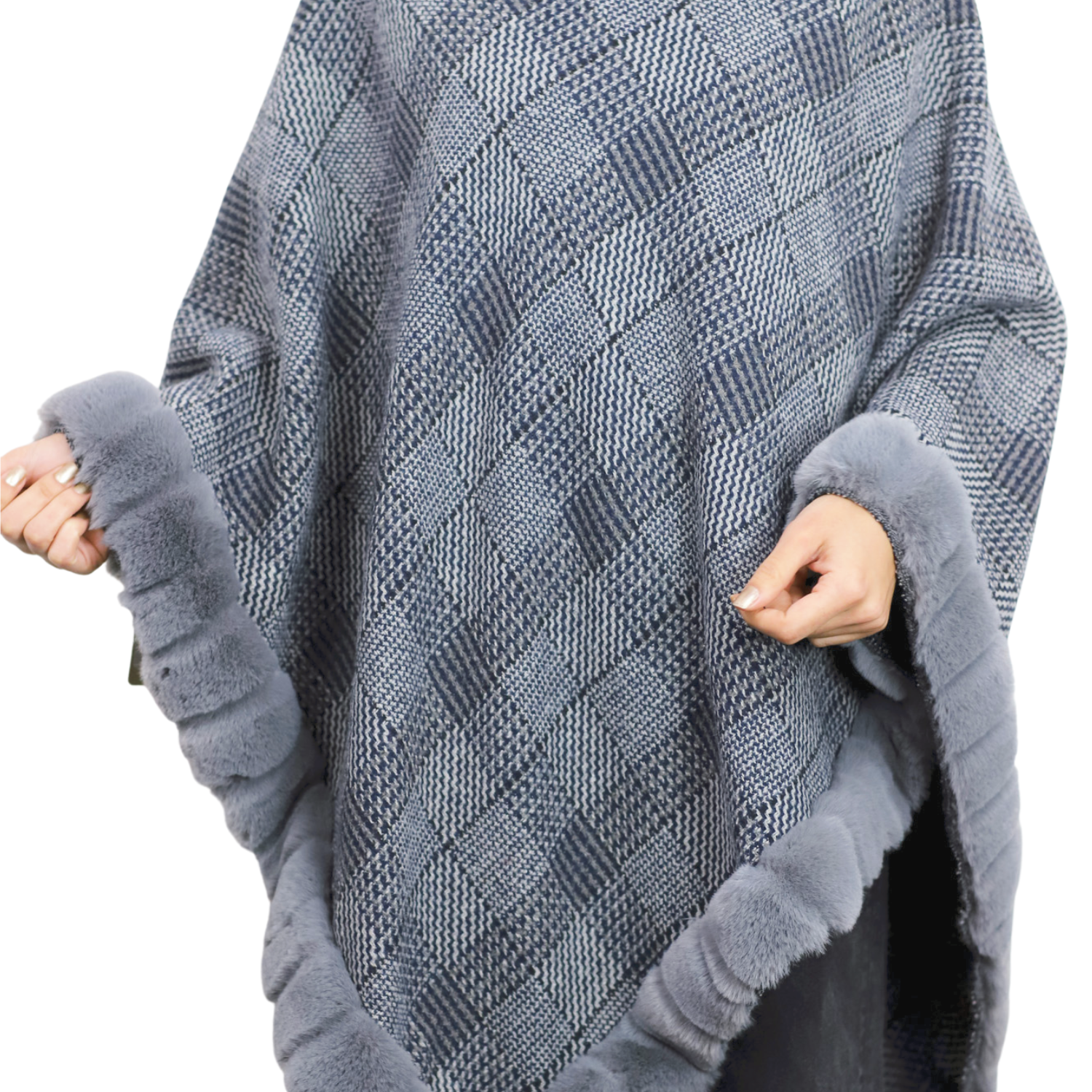 Plaid Poncho with Plush Faux Trim Detail - Grey - Faux Fur Poncho - La Fiorentina FAUX2206