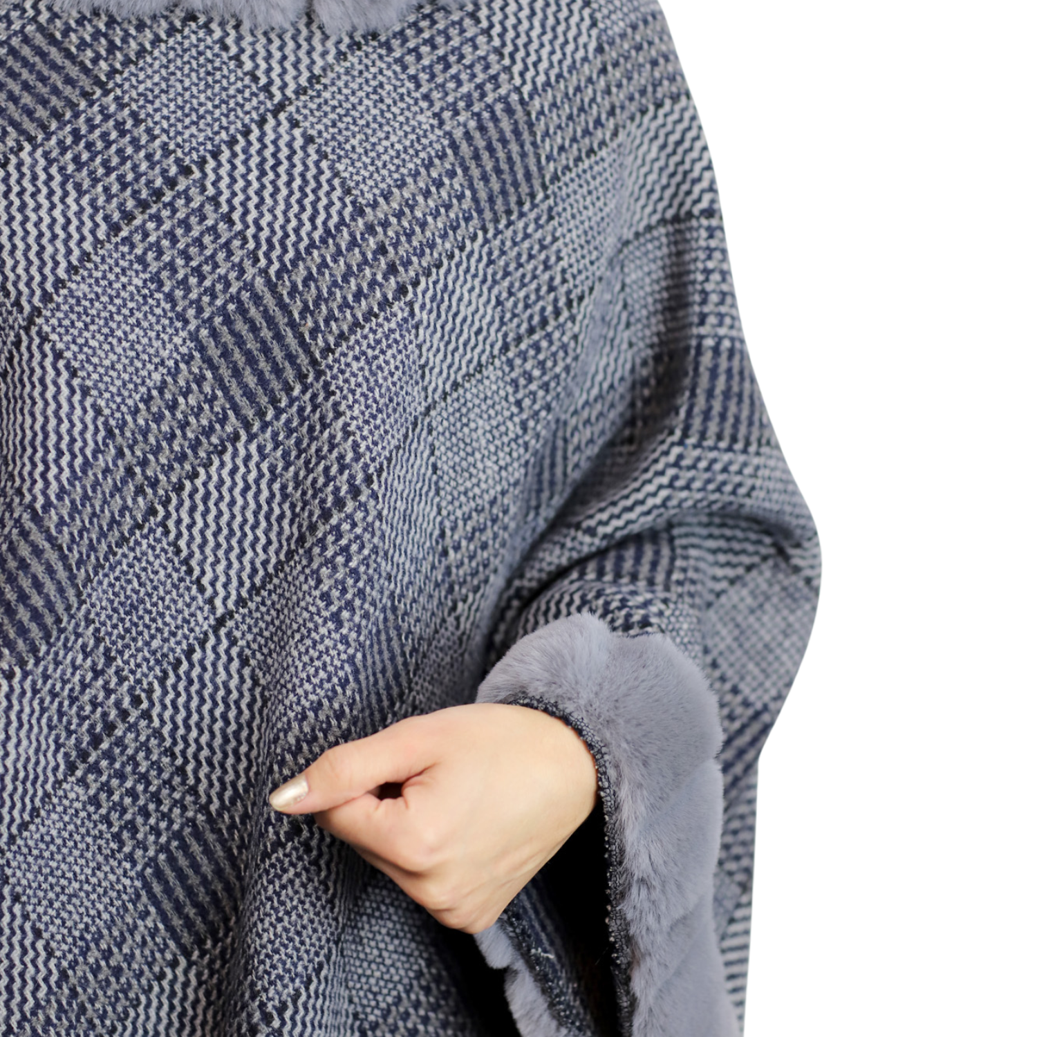 Plaid Poncho with Plush Faux Trim Detail - Grey - Faux Fur Poncho - La Fiorentina FAUX2206