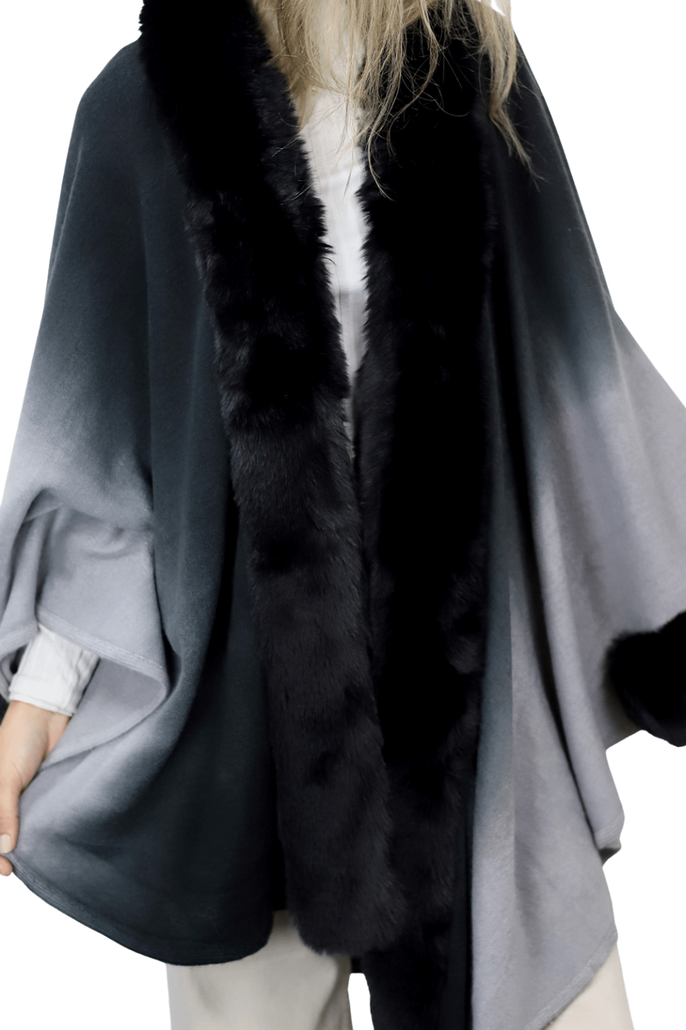 La Fiorentina Ombre Cape with Faux Trim - Black - Wrap - La Fiorentina FAUX2219_BLACK