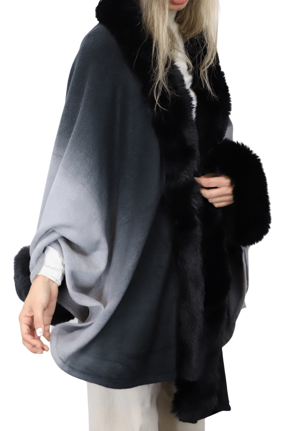 La Fiorentina Ombre Cape with Faux Trim - Black - Wrap - La Fiorentina FAUX2219_BLACK