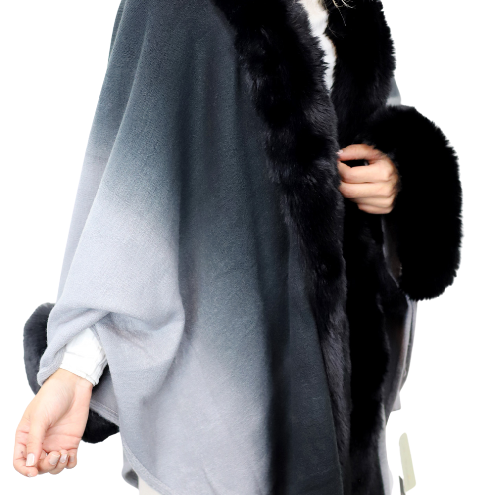 La Fiorentina Ombre Cape with Faux Trim - Black - Wrap - La Fiorentina FAUX2219_BLACK
