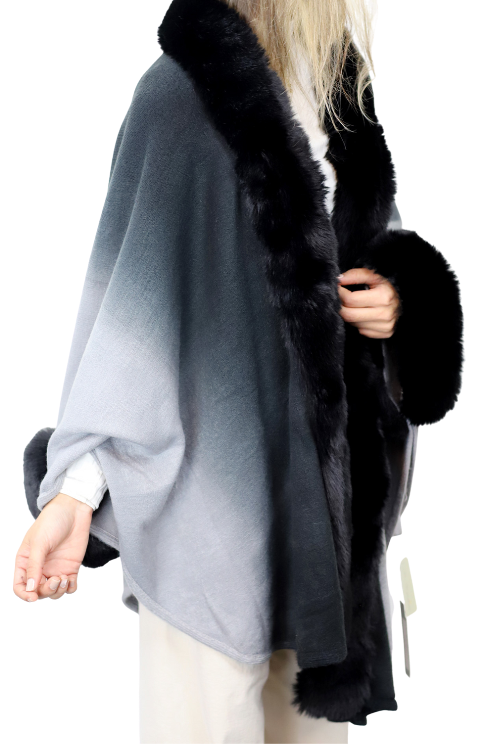 La Fiorentina Ombre Cape with Faux Trim - Black - Wrap - La Fiorentina FAUX2219_BLACK