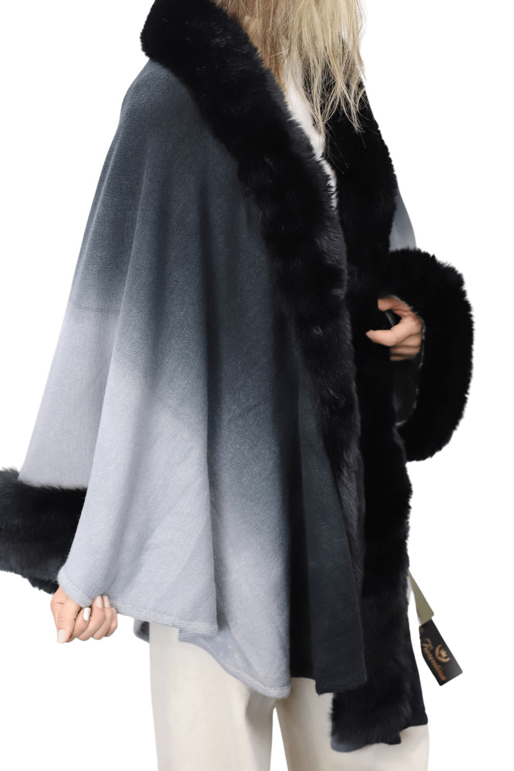 La Fiorentina Ombre Cape with Faux Trim - Black - Wrap - La Fiorentina FAUX2219_BLACK