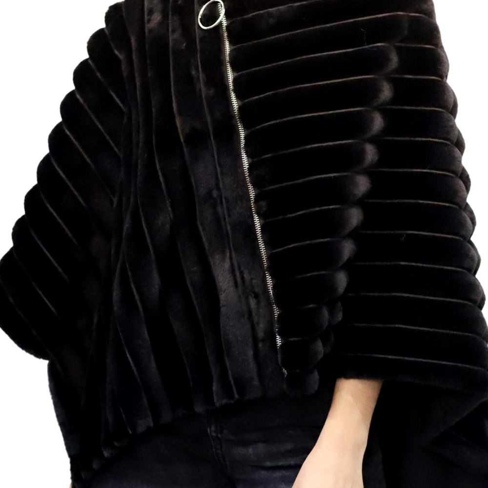 Plush Faux Poncho with Zipper Detail - Black - Faux Fur Poncho - La Fiorentina FAUX2228-BLACK