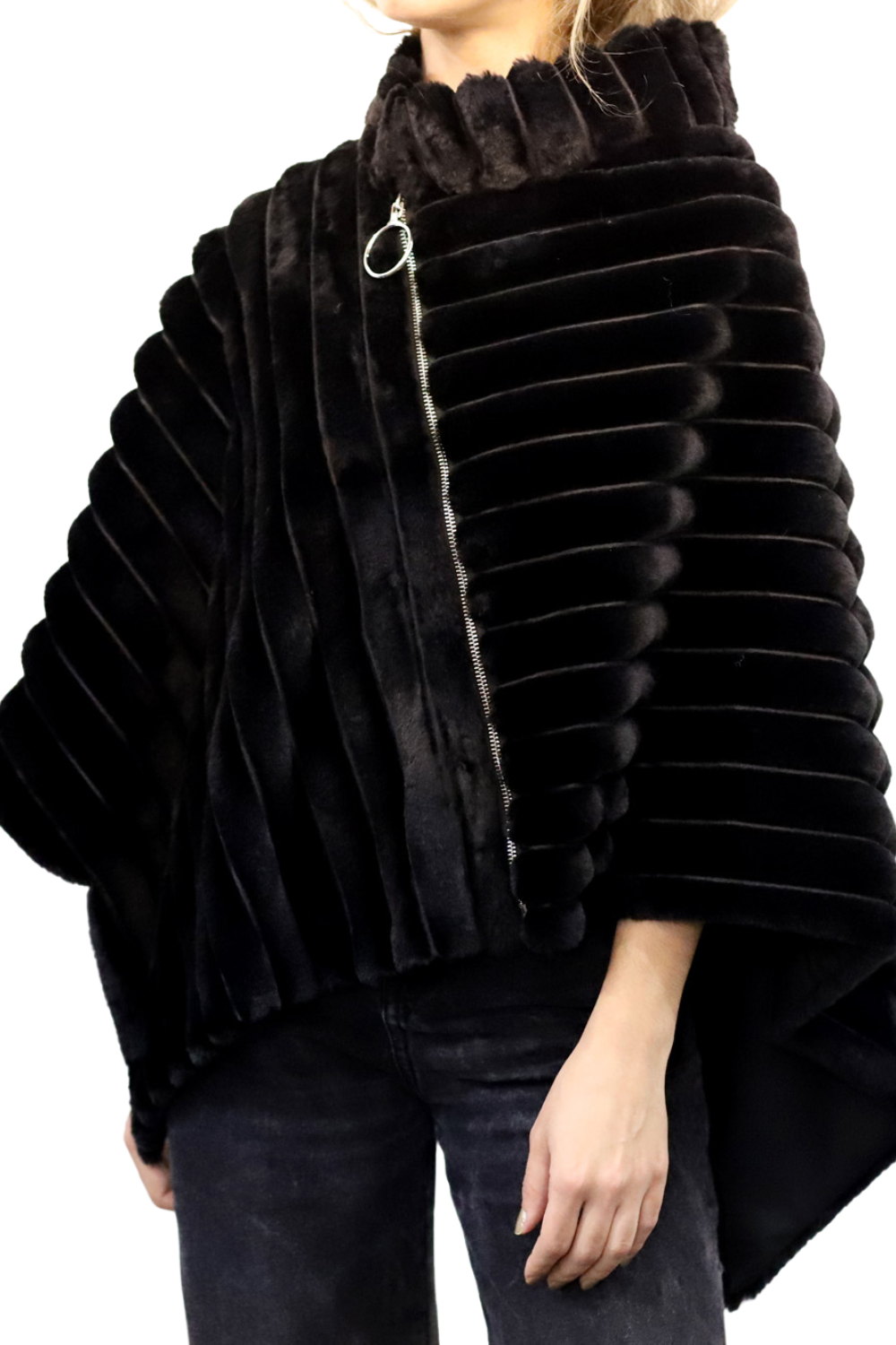 Plush Faux Poncho with Zipper Detail - Black - Faux Fur Poncho - La Fiorentina FAUX2228-BLACK