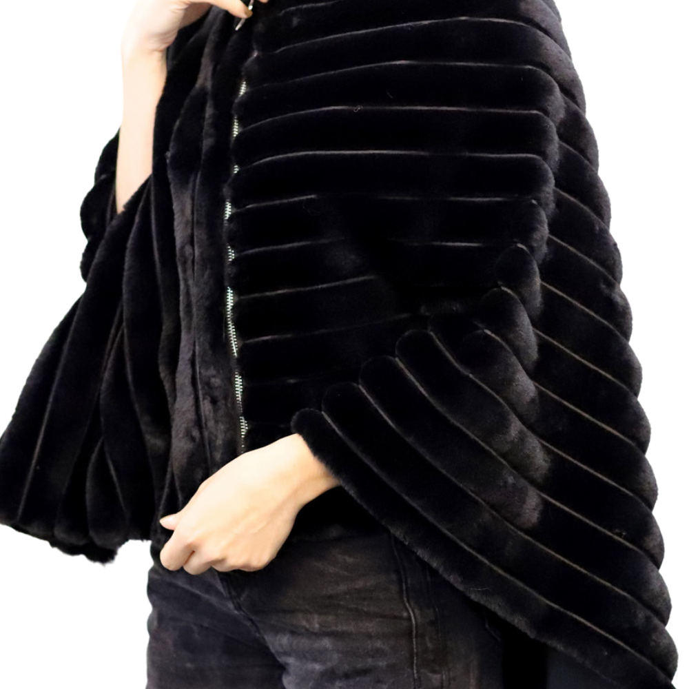 Plush Faux Poncho with Zipper Detail - Black - Faux Fur Poncho - La Fiorentina FAUX2228-BLACK