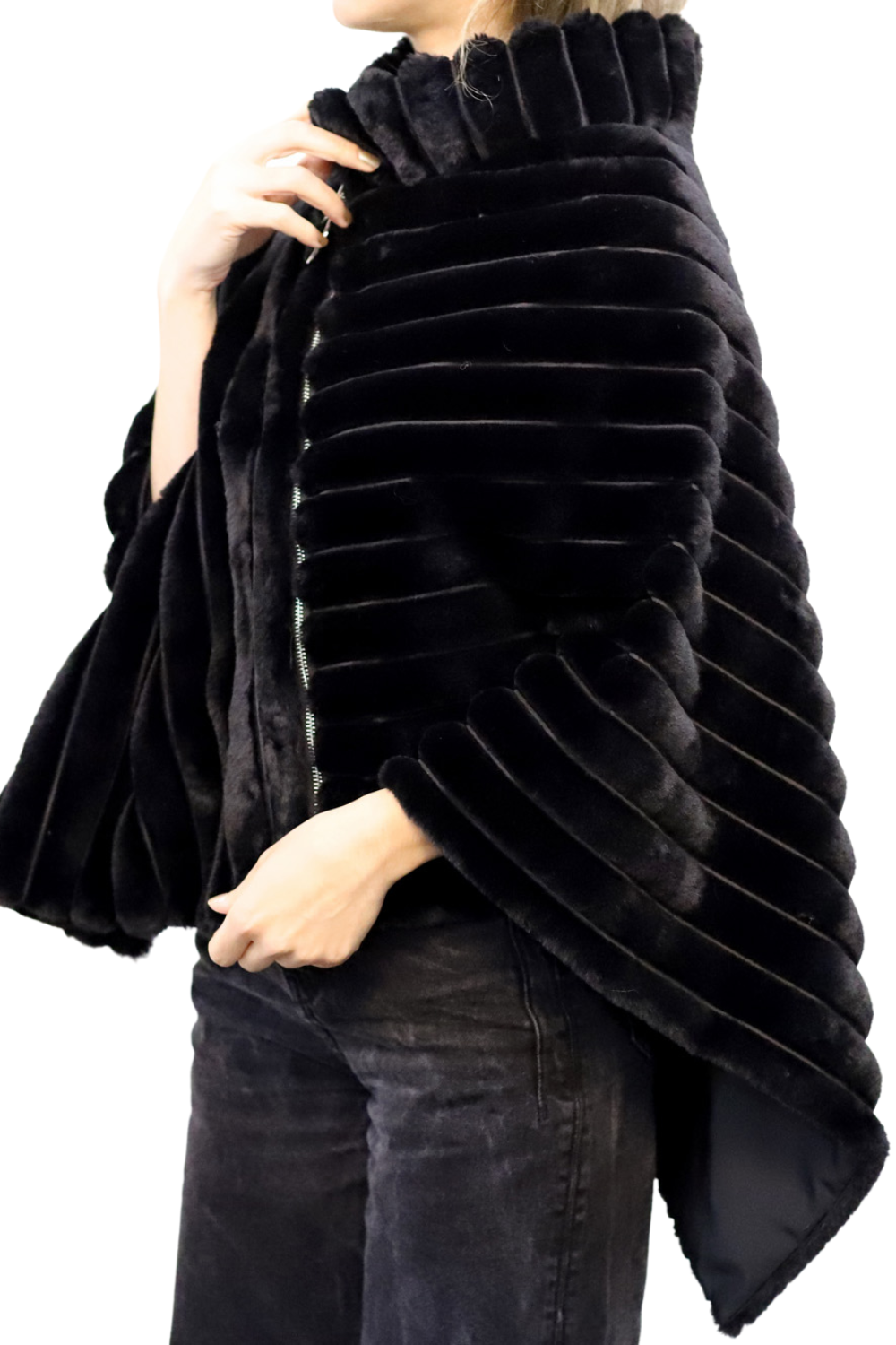 Plush Faux Poncho with Zipper Detail - Black - Faux Fur Poncho - La Fiorentina FAUX2228-BLACK