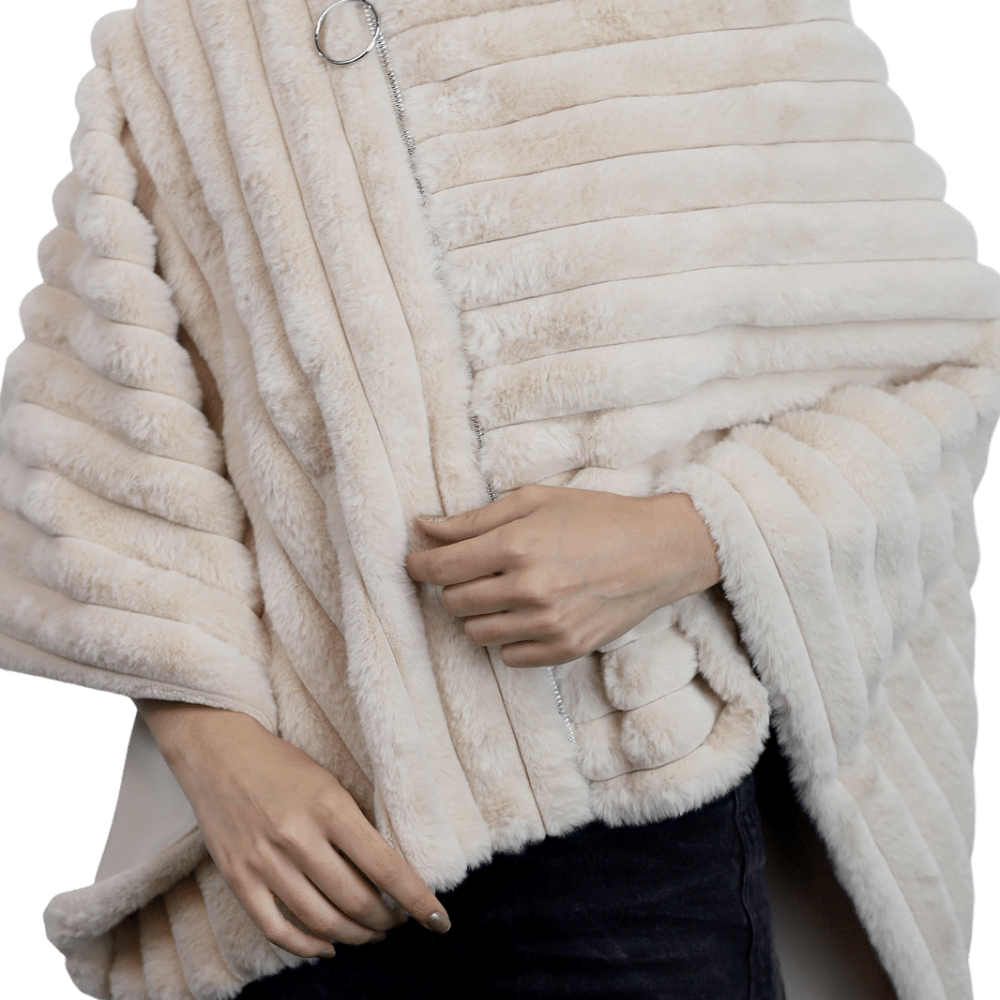 Plush Faux Poncho with Zipper Detail - Taupe - Faux Fur Poncho - La Fiorentina FAUX2228-TAUPE