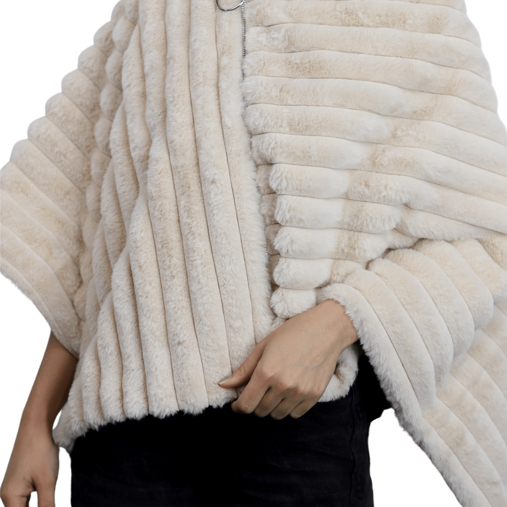 Plush Faux Poncho with Zipper Detail - Taupe - Faux Fur Poncho - La Fiorentina FAUX2228-TAUPE