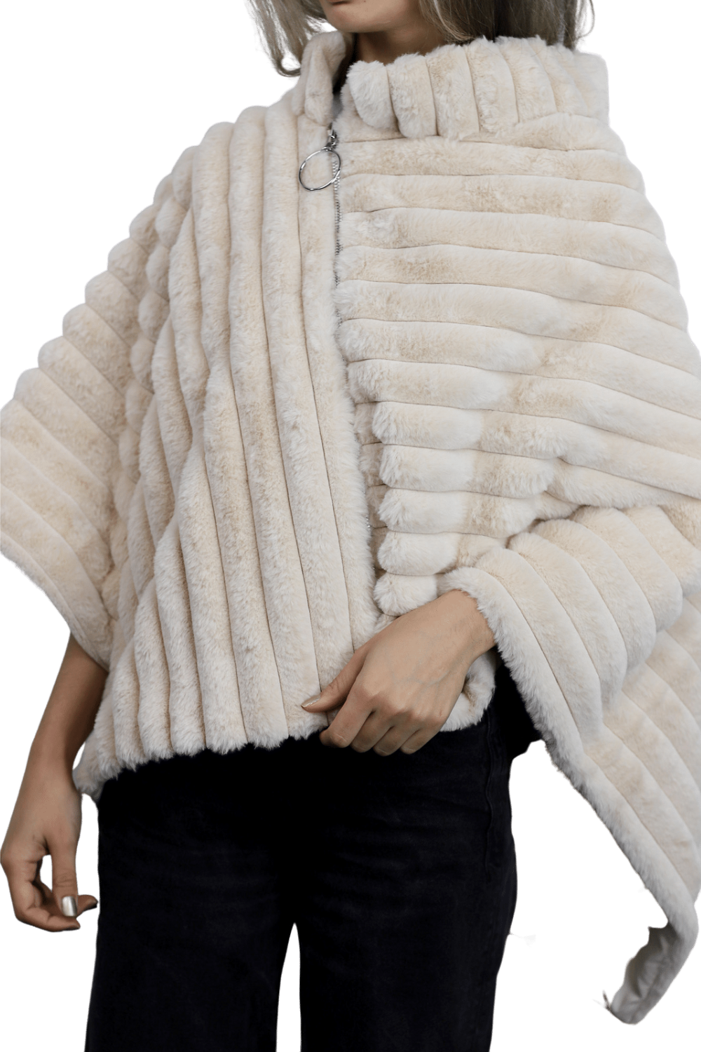 Plush Faux Poncho with Zipper Detail - Taupe - Faux Fur Poncho - La Fiorentina FAUX2228-TAUPE
