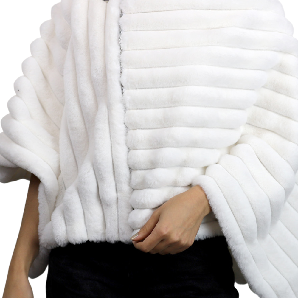 Plush Faux Poncho with Zipper Detail - White - Faux Fur Poncho - La Fiorentina FAUX2228-WHITE
