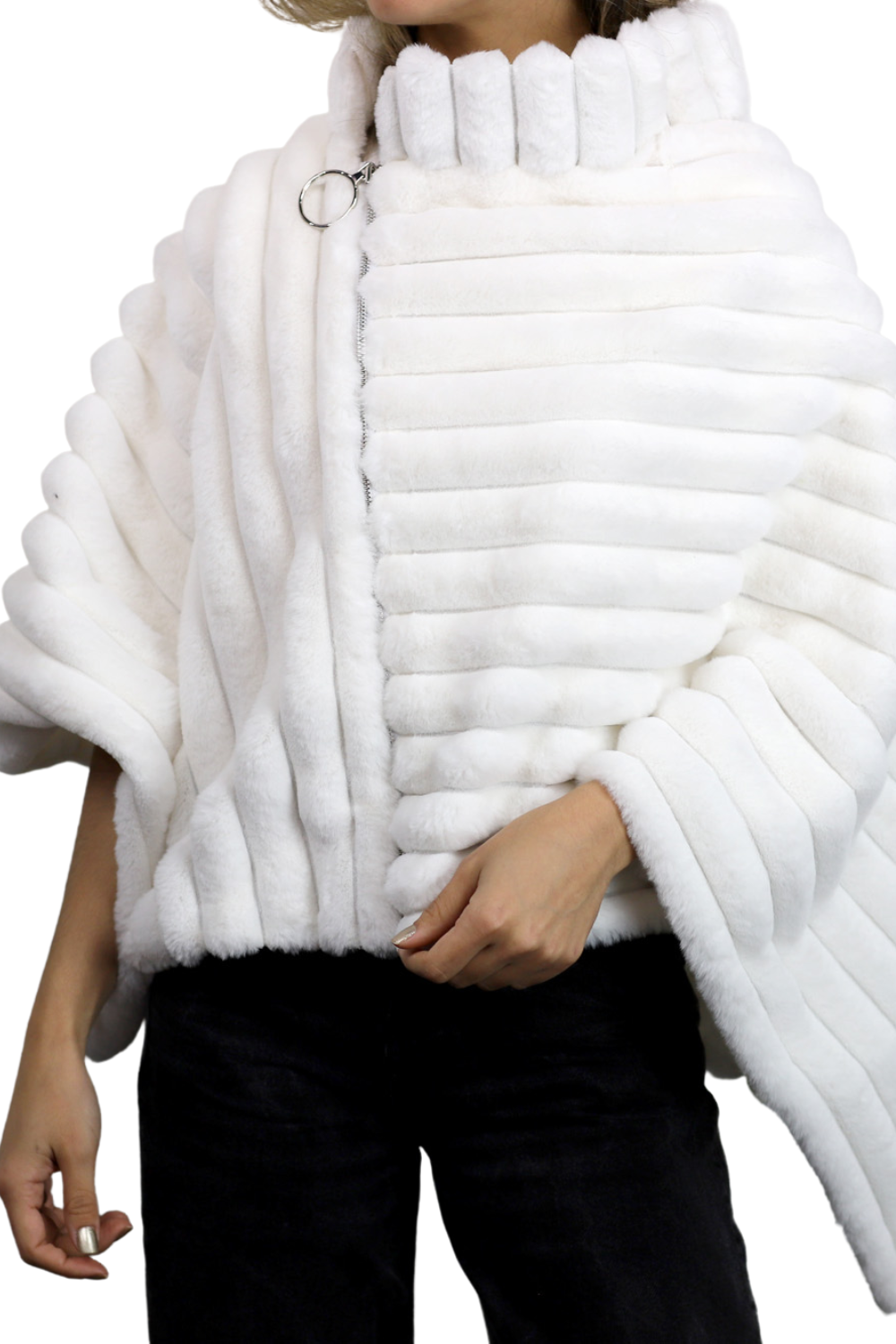 Plush Faux Poncho with Zipper Detail - White - Faux Fur Poncho - La Fiorentina FAUX2228-WHITE