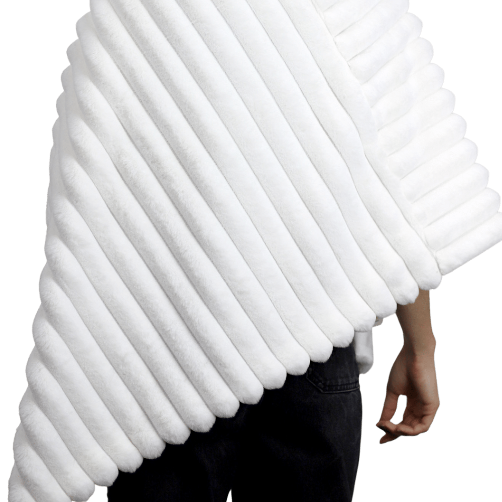 Plush Faux Poncho with Zipper Detail - White - Faux Fur Poncho - La Fiorentina FAUX2228-WHITE