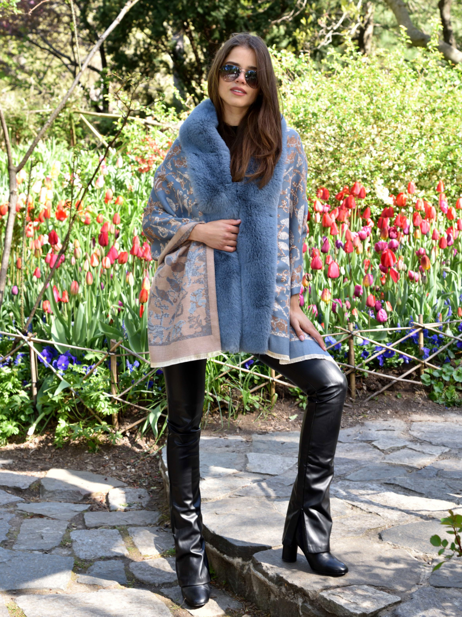 Animal Print Wrap with Faux Trim - Blue - Faux Fur Wrap - La Fiorentina FAUX224-2204