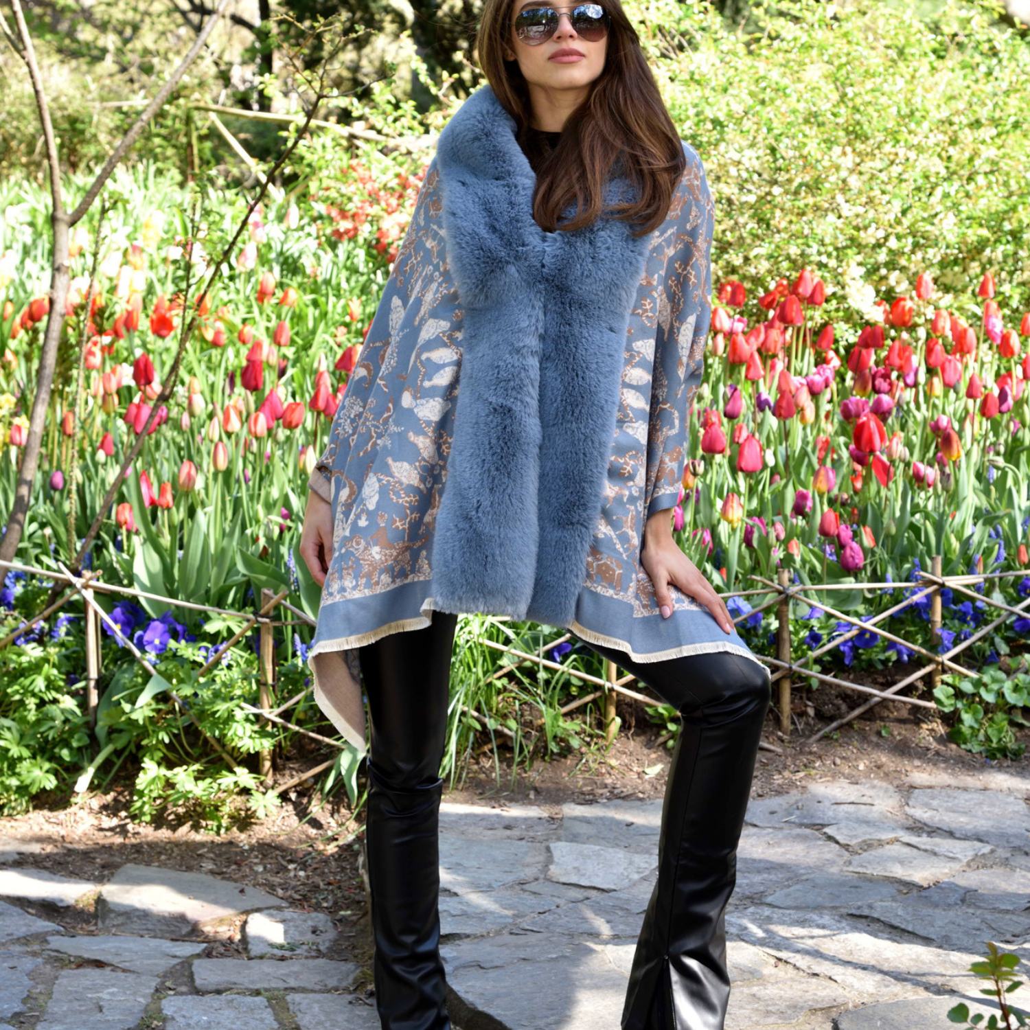 Animal Print Wrap with Faux Trim - Blue - Faux Fur Wrap - La Fiorentina FAUX224-2204