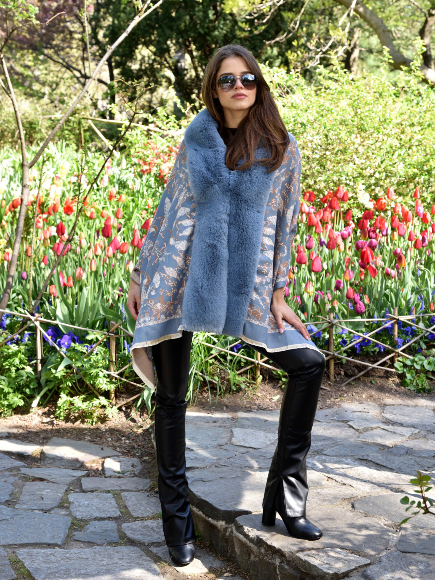 Animal Print Wrap with Faux Trim - Blue - Faux Fur Wrap - La Fiorentina FAUX224-2204