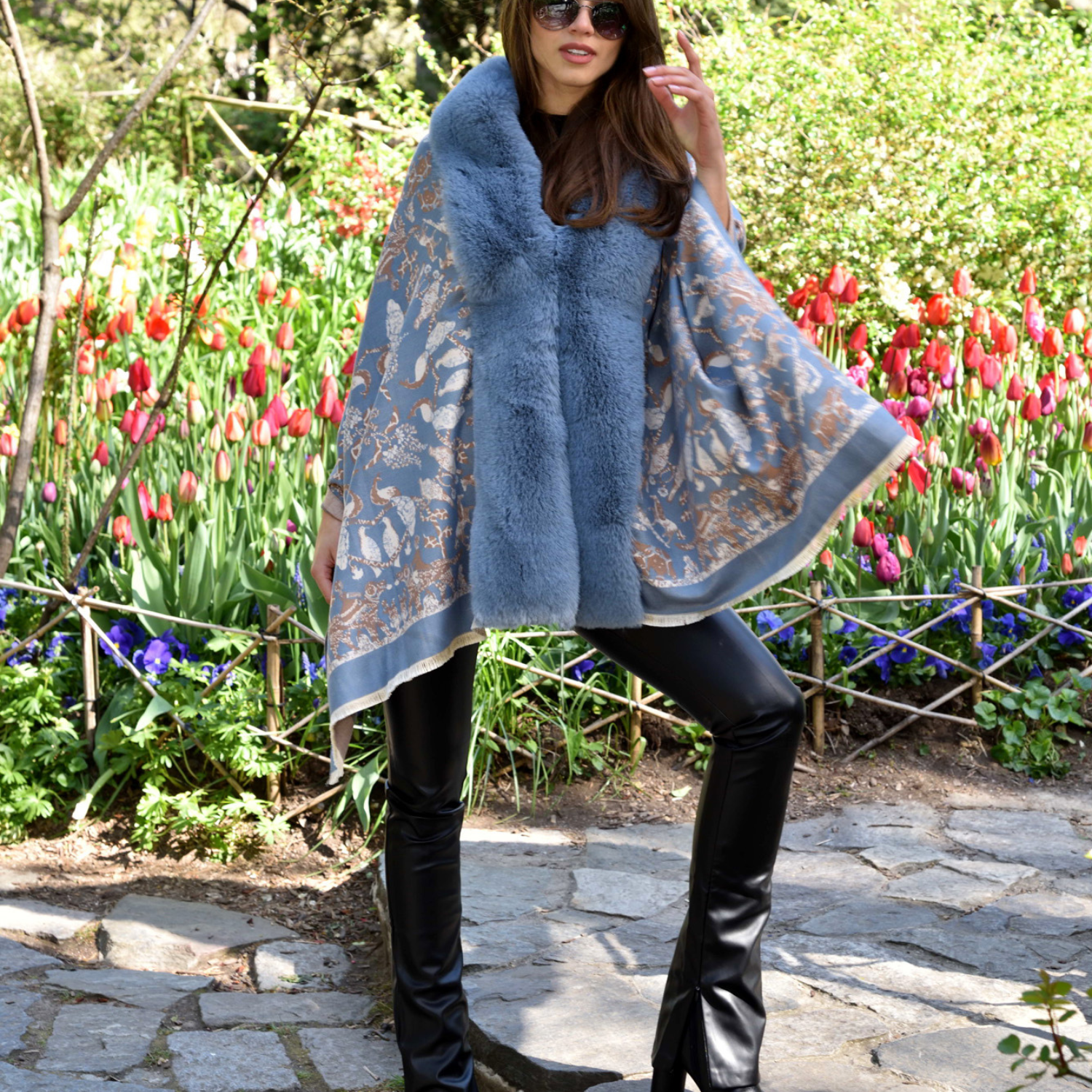 Animal Print Wrap with Faux Trim - Blue - Faux Fur Wrap - La Fiorentina FAUX224-2204