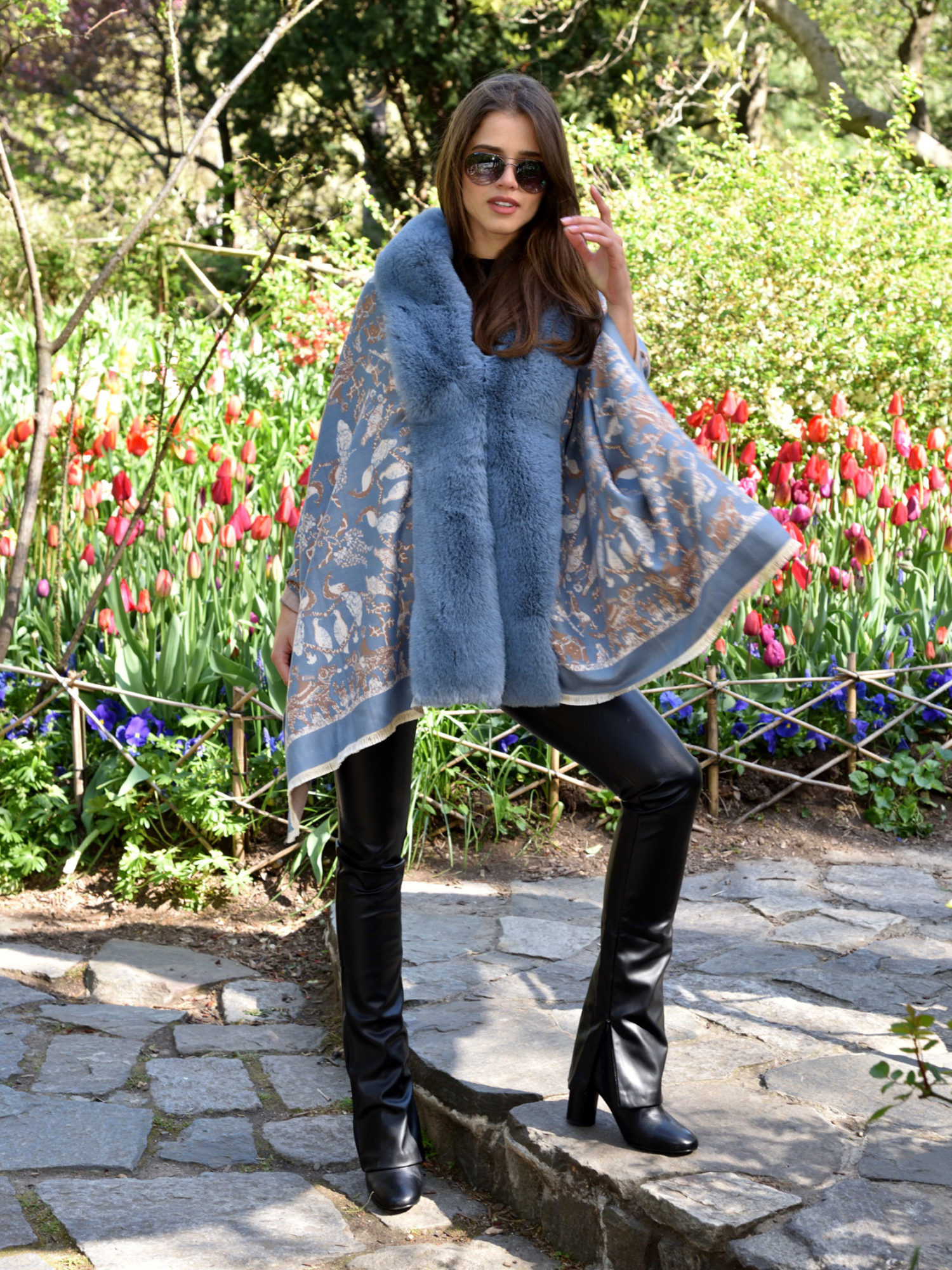 Animal Print Wrap with Faux Trim - Blue - Faux Fur Wrap - La Fiorentina FAUX224-2204