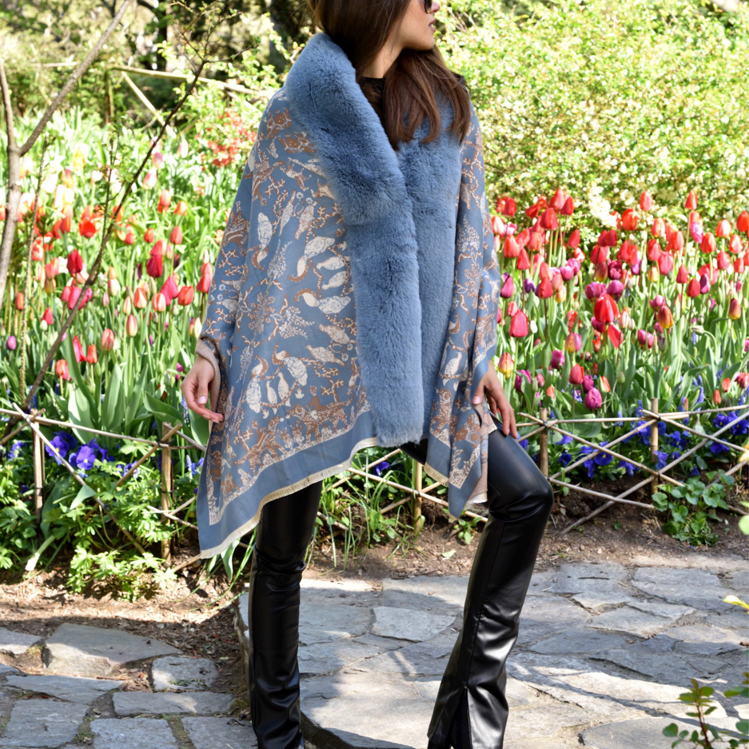 Animal Print Wrap with Faux Trim - Blue - Faux Fur Wrap - La Fiorentina FAUX224-2204