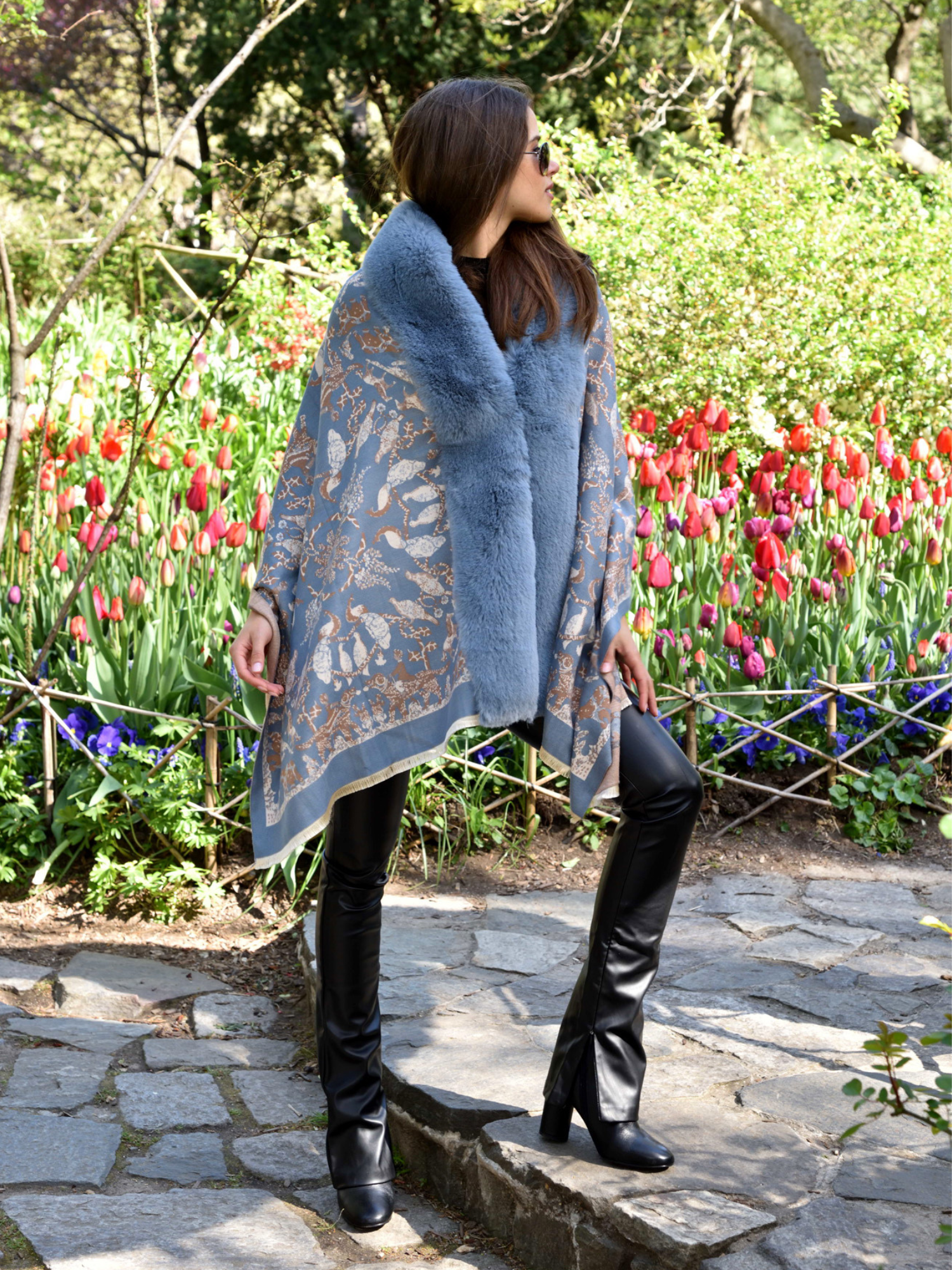 Animal Print Wrap with Faux Trim - Blue - Faux Fur Wrap - La Fiorentina FAUX224-2204