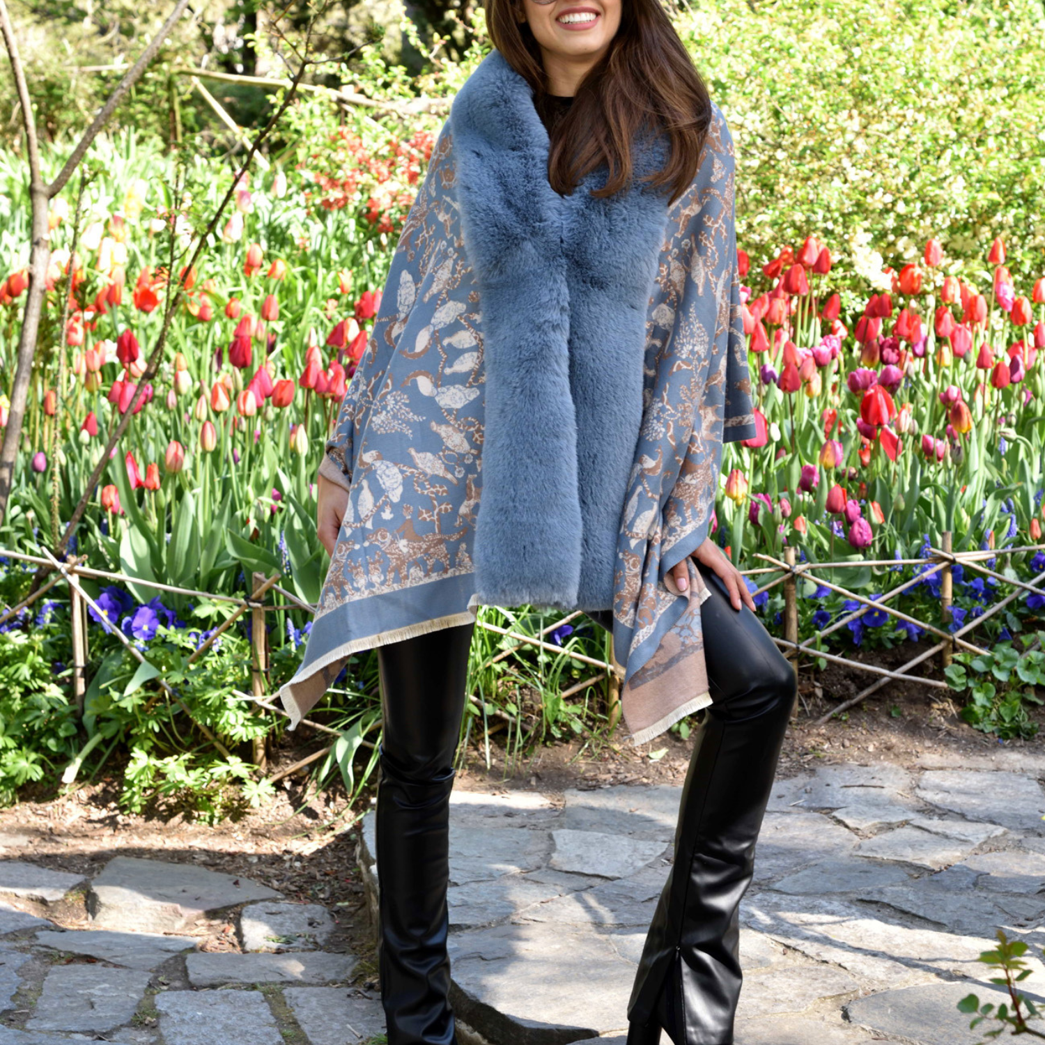 Animal Print Wrap with Faux Trim - Blue - Faux Fur Wrap - La Fiorentina FAUX224-2204