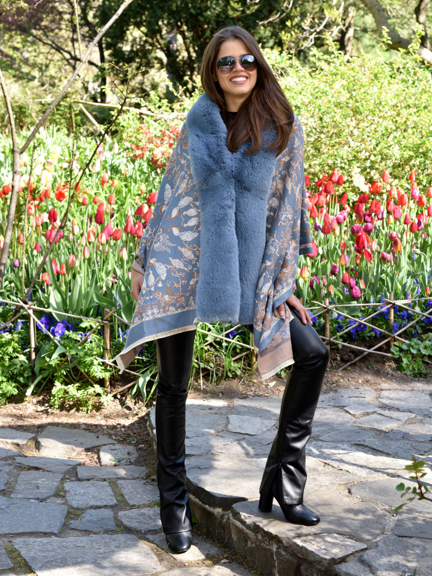 Animal Print Wrap with Faux Trim - Blue - Faux Fur Wrap - La Fiorentina FAUX224-2204