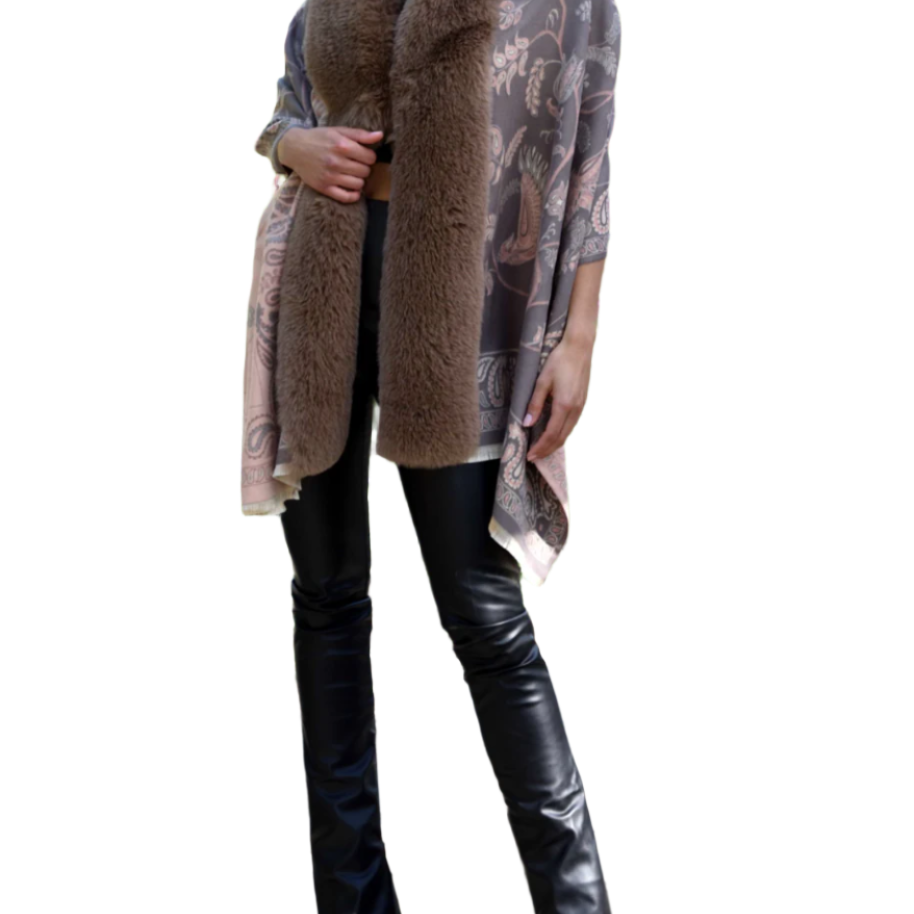 Paisley Print Wrap with Faux Trim - Oatmeal - Faux Fur Wrap - La Fiorentina FAUX224-2209