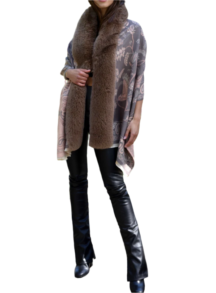 Paisley Print Wrap with Faux Trim - Oatmeal - Faux Fur Wrap - La Fiorentina FAUX224-2209