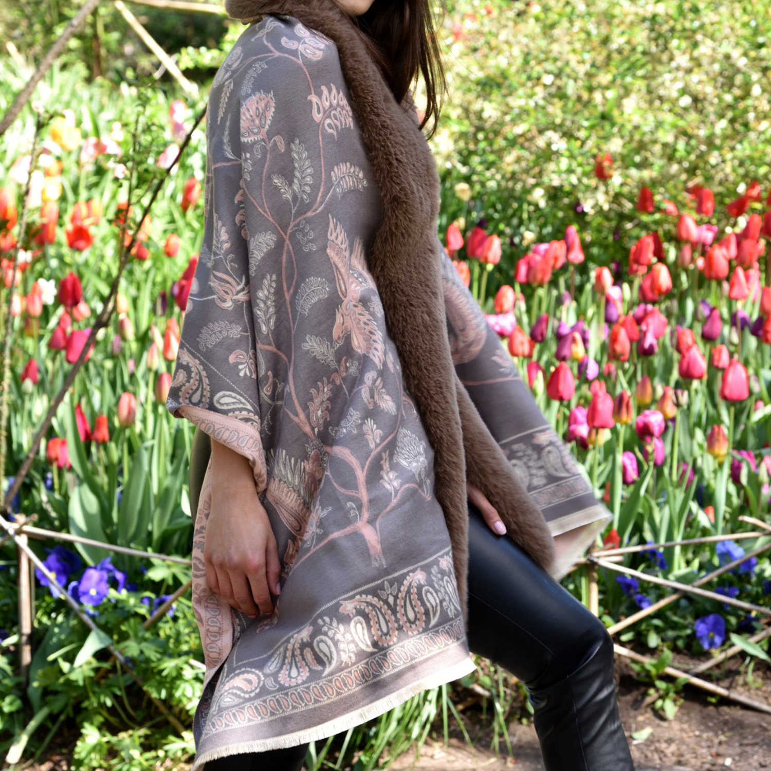 Paisley Print Wrap with Faux Trim - Oatmeal - Faux Fur Wrap - La Fiorentina FAUX224-2209