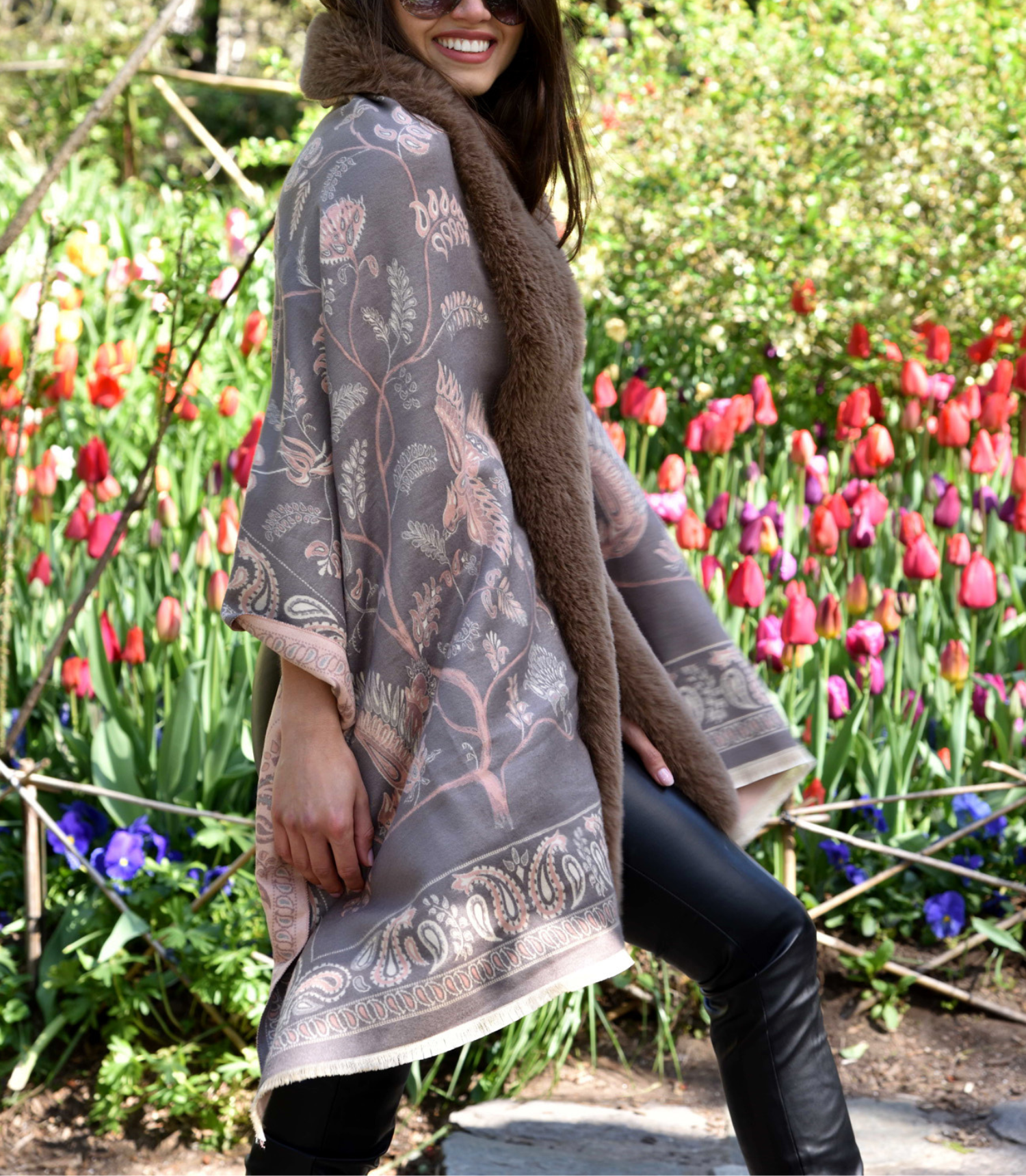 Paisley Print Wrap with Faux Trim - Oatmeal - Faux Fur Wrap - La Fiorentina FAUX224-2209