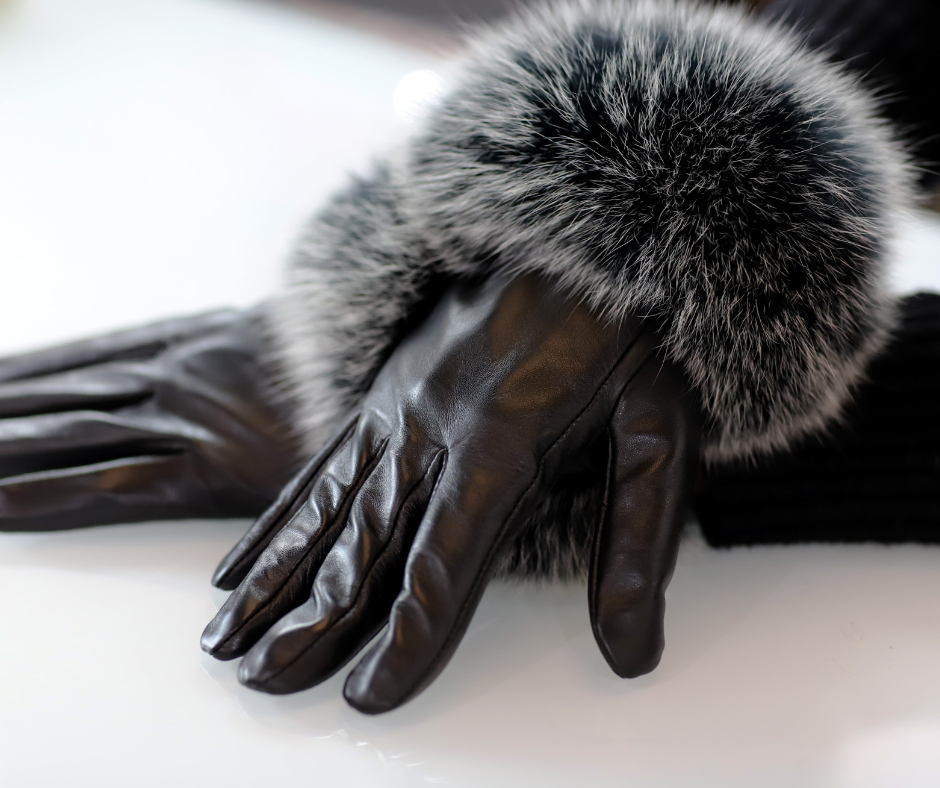 Leather Gloves with Fox Trim - Leather Glove - La Fiorentina,Black GL2105-WINE