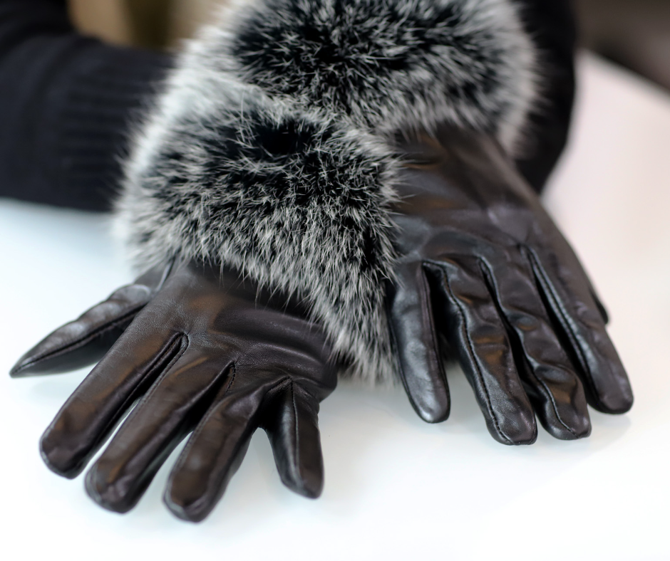 Leather Gloves with Fox Trim - Leather Glove - La Fiorentina,Black GL2105-WINE