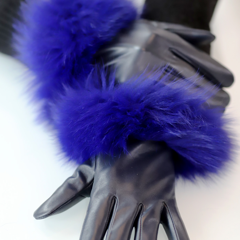 Leather Gloves with Fox Trim - Leather Glove - La Fiorentina,Navy GL2105-NAVY