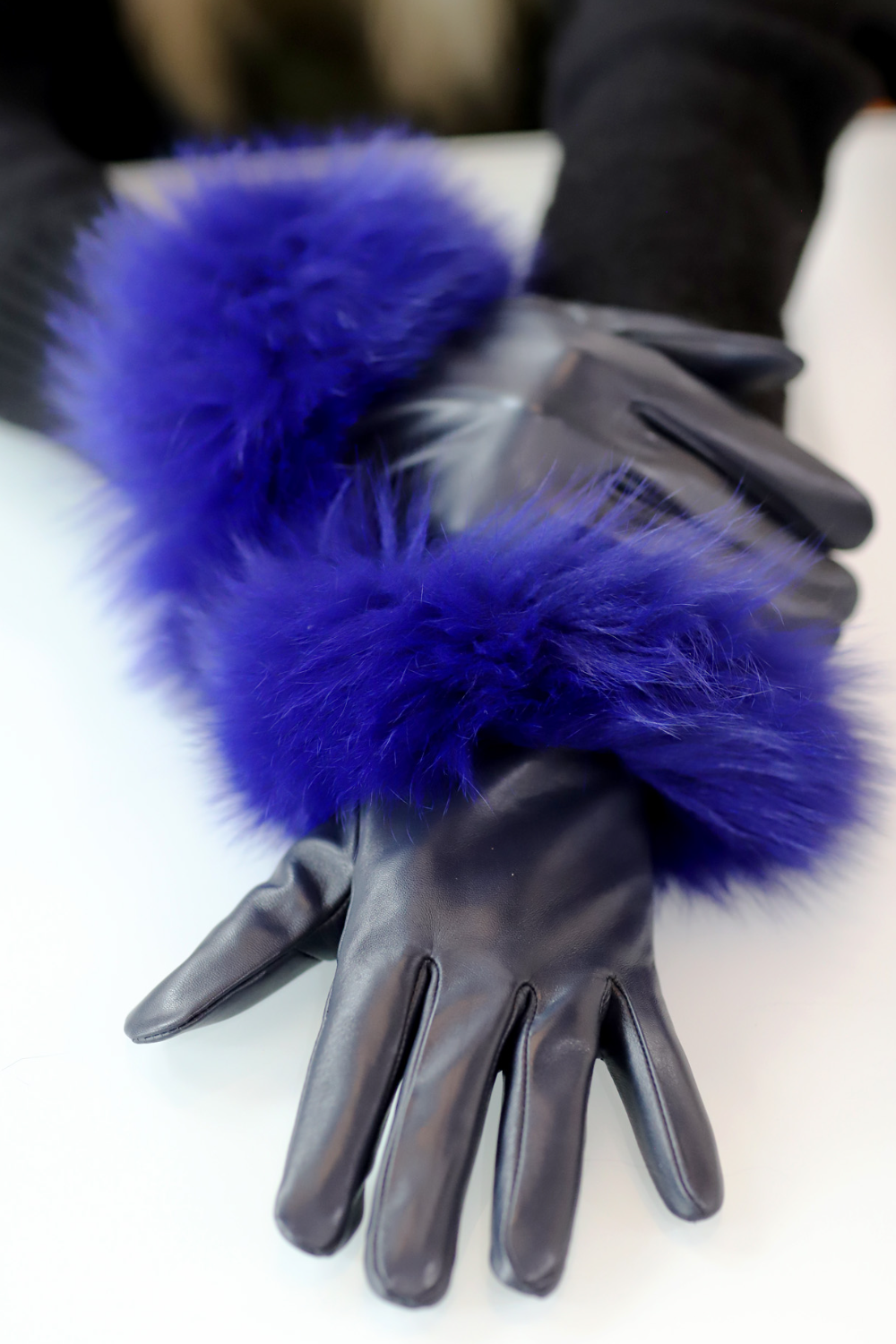 Leather Gloves with Fox Trim - Leather Glove - La Fiorentina,Navy GL2105-NAVY