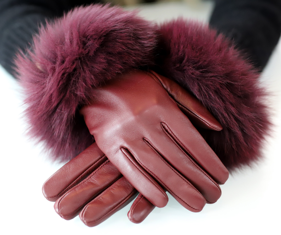 Leather Gloves with Fox Trim - Leather Glove - La Fiorentina,Black GL2105-WINE