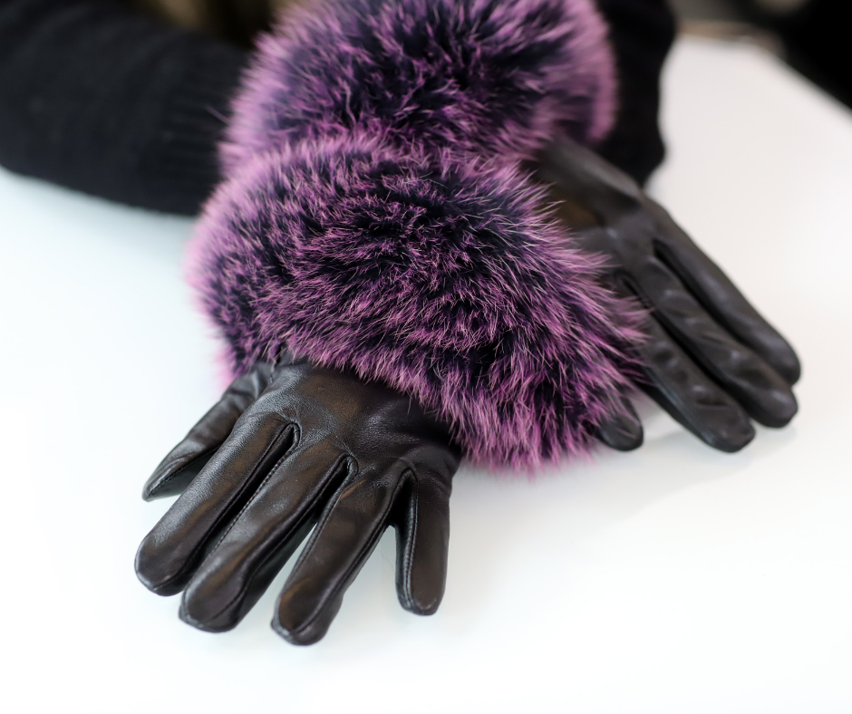 Leather Gloves with Fox Trim - Leather Glove - La Fiorentina,Black GL2105-WINE