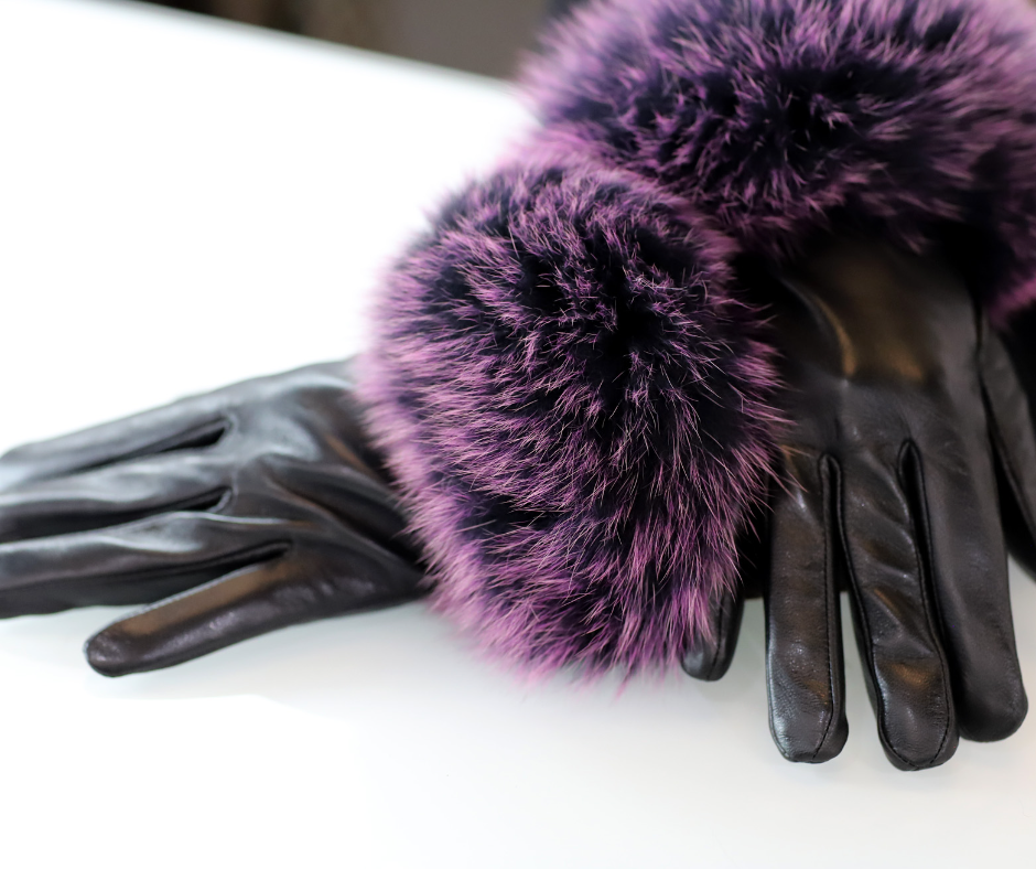 Leather Gloves with Fox Trim - Leather Glove - La Fiorentina,Black GL2105-WINE