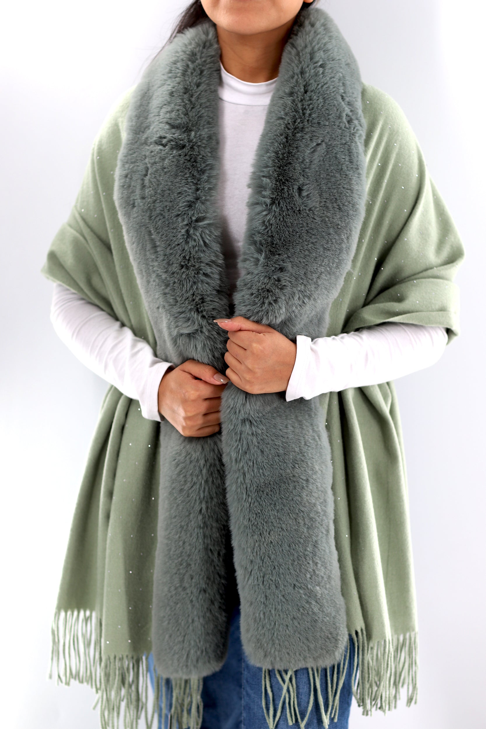 Faux fur trim wrap with Embellishments -Light Green -  - La Fiorentina Faux224-Light Green