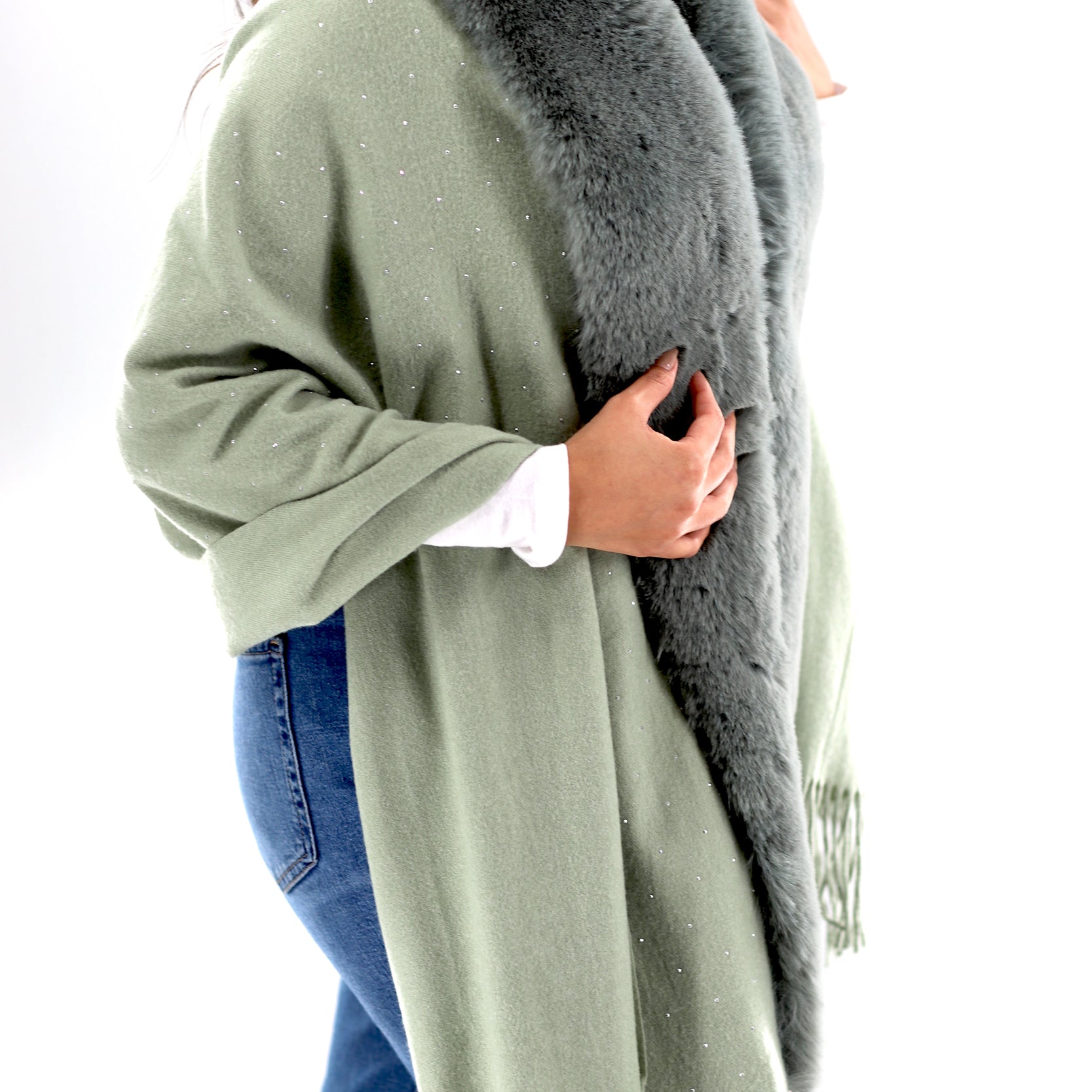 Faux fur trim wrap with Embellishments -Light Green -  - La Fiorentina Faux224-Light Green