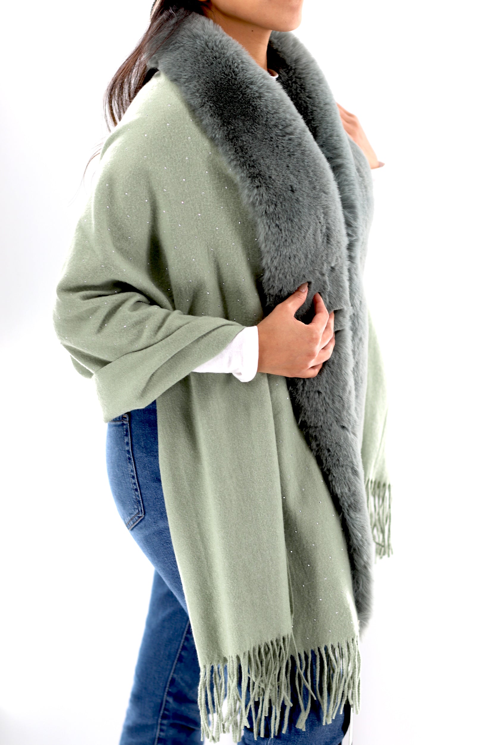 Faux fur trim wrap with Embellishments -Light Green -  - La Fiorentina Faux224-Light Green
