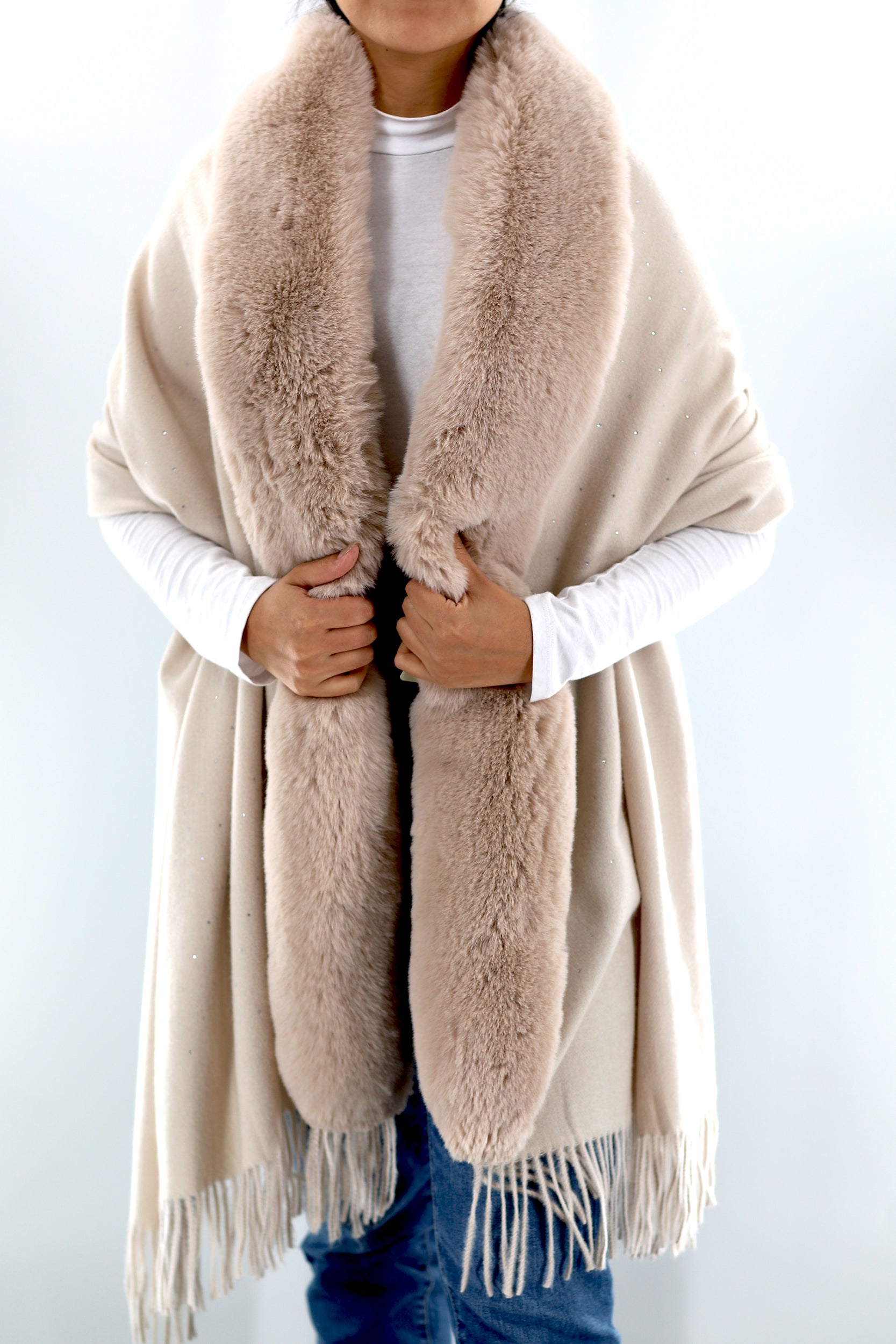 Faux fur trim wrap with Embellishments-Ivory - Wrap - La Fiorentina FAUX224_ivory